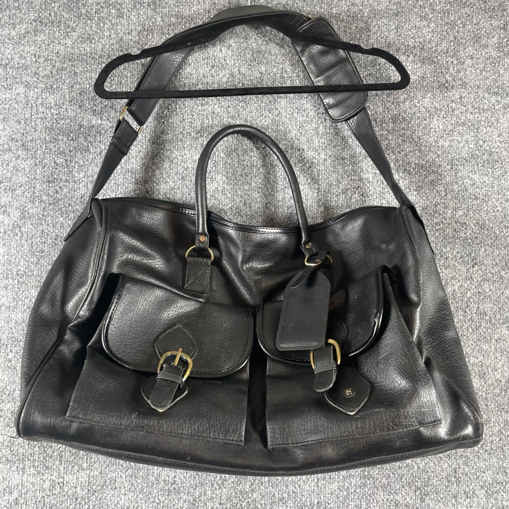 VTG PS Paul Sebastian Duffle Bag Mens Large Black Leather Travel Weekender 90s